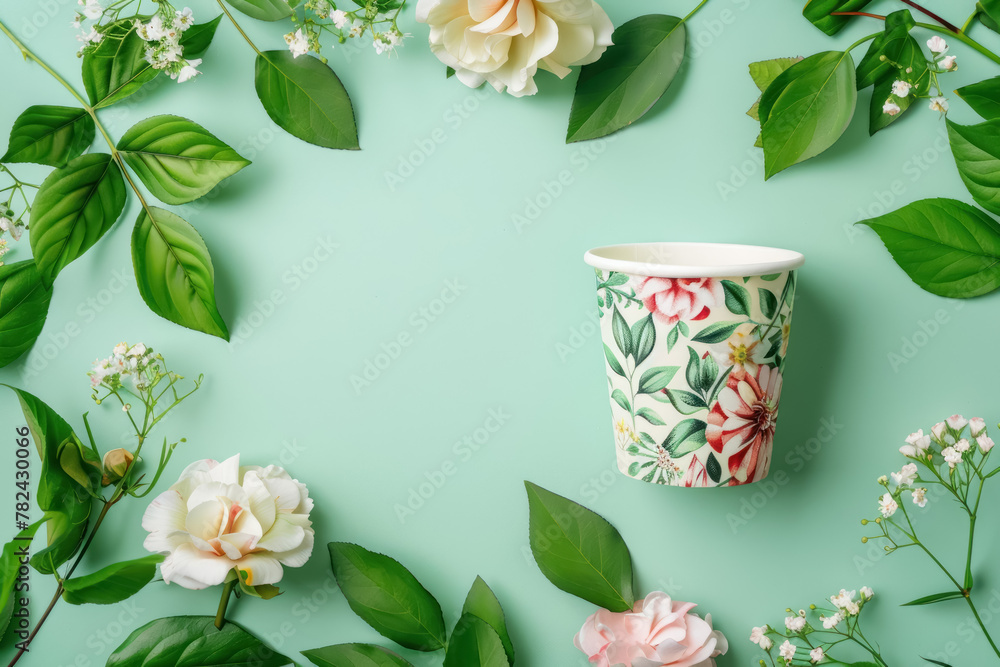 top view of paper cup with floral design and natural plant arrangement for sustainable living - obrazy, fototapety, plakaty 