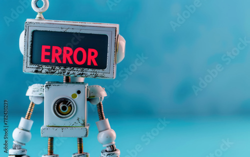 robot with red error message on head display for system malfunction and tech support theme photo