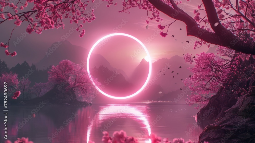 Obraz premium Fantasy landscape, pink neon circle, sakura branches.
