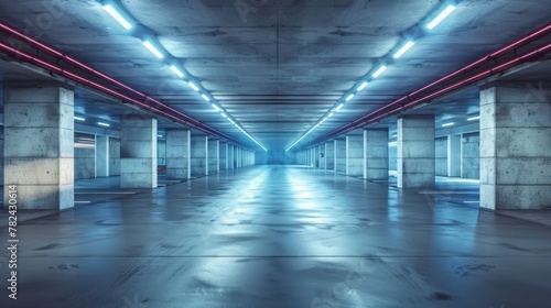 Empty concrete underground futuristic tunnel, neon light, garage.