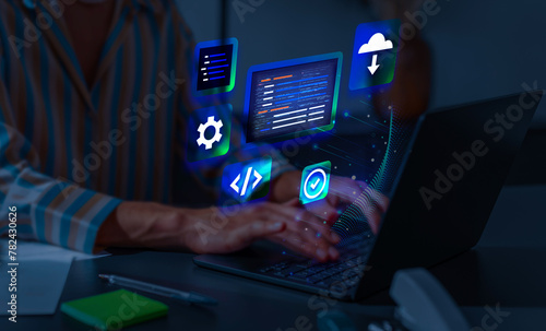 idea of creating software or games on a computer or programming. a three-dimensional clipart graphic displaying programming interfaces and code symbols. Idea of computer engineering.