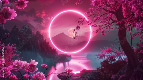 Fantasy landscape, pink neon circle, sakura branches.