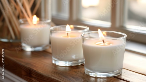 Tranquil spa ambiance candles and reed diffuser on table with soft focus background