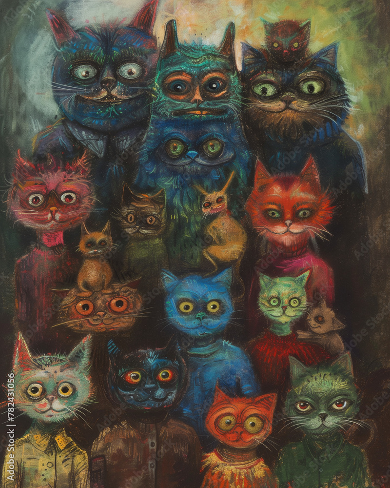 creepy little monster family, two wives, four cats, and two dogs, oil pastel 