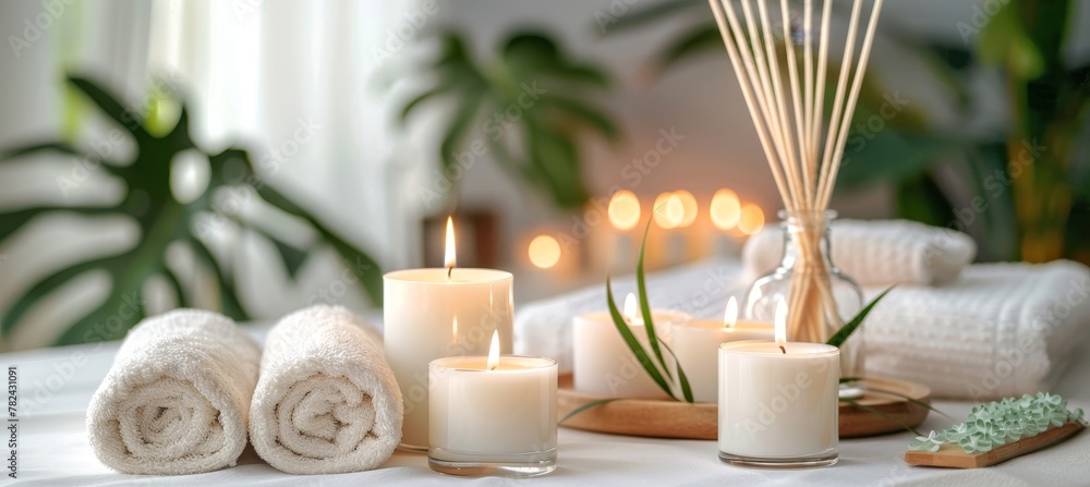 Tranquil spa ambiance  lit candles and reed diffuser on table with soft background light