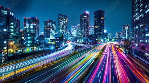 An action shot of a city at night, captured with a slow shutter speed, the movement of lights creating vibrant streaks against the urban environment.