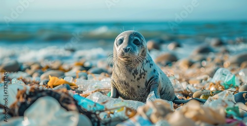 Young seal on the beach with plastic trash. AI generated illustration photo
