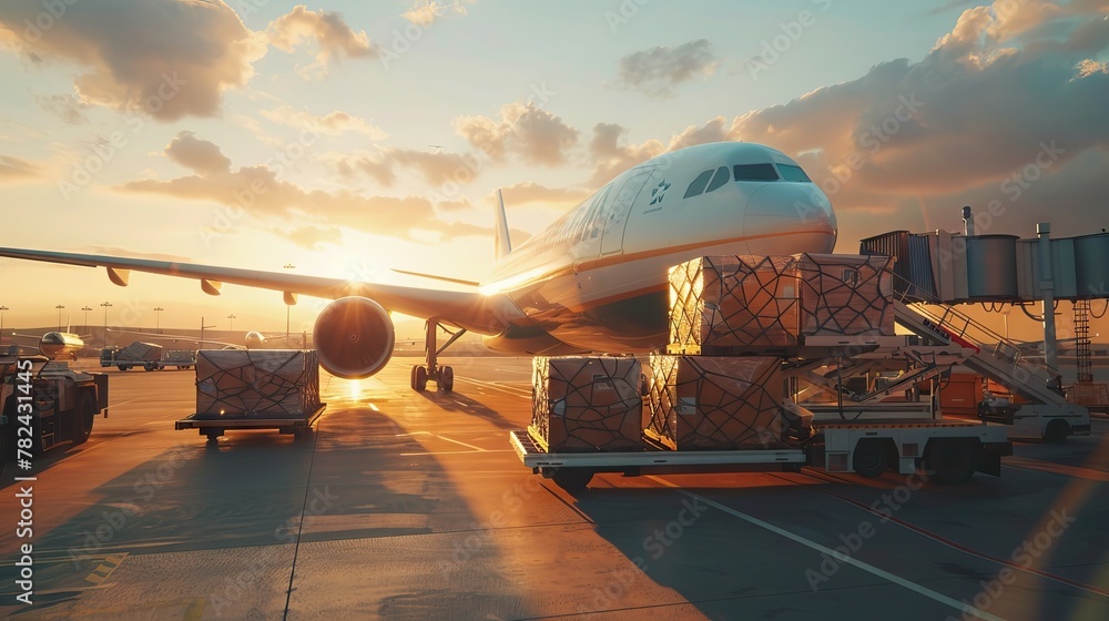 Airplane with cargo boxes and loading crew at airport, wide plane in the sunlight. The success of air transport, flight travel, and shipping. AI generated illustration