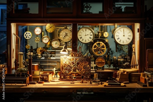 Vintage clockmaker workshop, the intricate mechanisms of clocks shine brightly, details vivid against the shadowy, timeless surroundings. photo