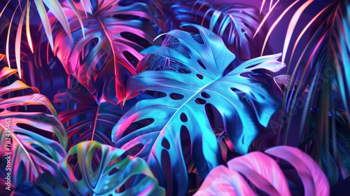 Tropical leaves neon colorful light.