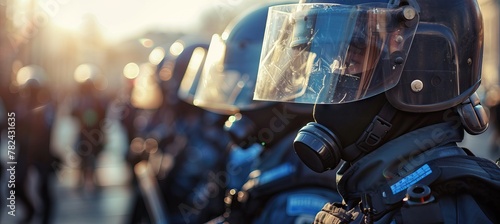 Riot police practice crowd-control scenarios from protesters throwing officers with paint. AI generated illustration photo