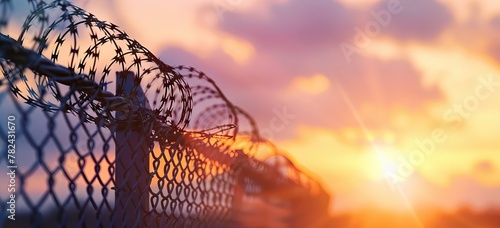 Close-up of sharp razor wire fence at sunset. Barbed tape. Rusty metal barbered wire on jail. Concept of prison, immigration, detention, boundary or war. AI generated illustration