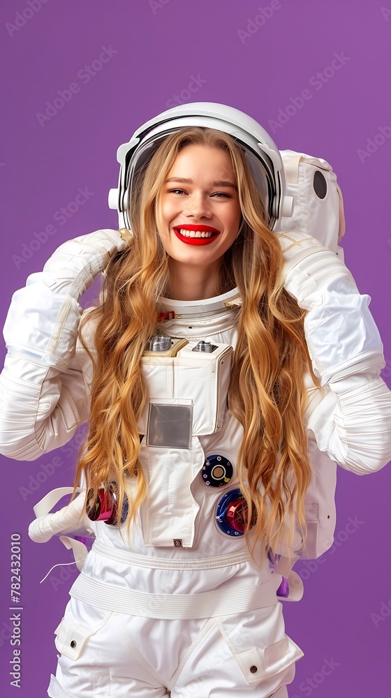 Attractive happy smiling female with red lips and long wavy blonde hair in astronaut space suit isolated on purple background Attractive happy smiling female with red lips and long wavy blonde hair in astronaut space suit isolated on purple background