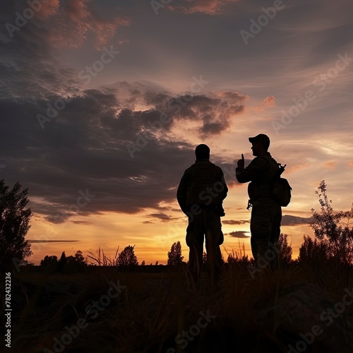 Two Soldiers Against Sunset Sky Generative AI