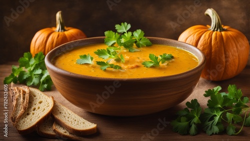 A plate of pumpkin soup standing on a rustic wooden table