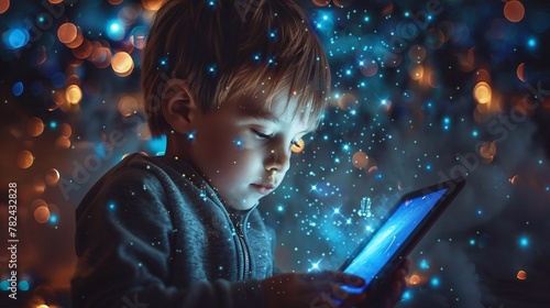 boy using digital tablet on blue background with rocket launch and different icons, social media and network connection. Concept of future opportunities and education photo
