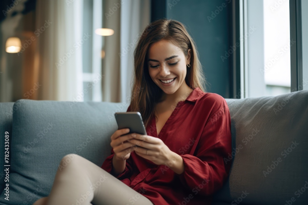 Smiling Woman Using Cell Phone on Couch Generative AI Smiling Woman Using Cell Phone on Couch Generative AI