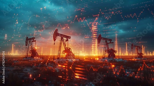 Rise in gasoline prices concept with double exposure of digital screen with financial chart graphs and oil pumps on field photo