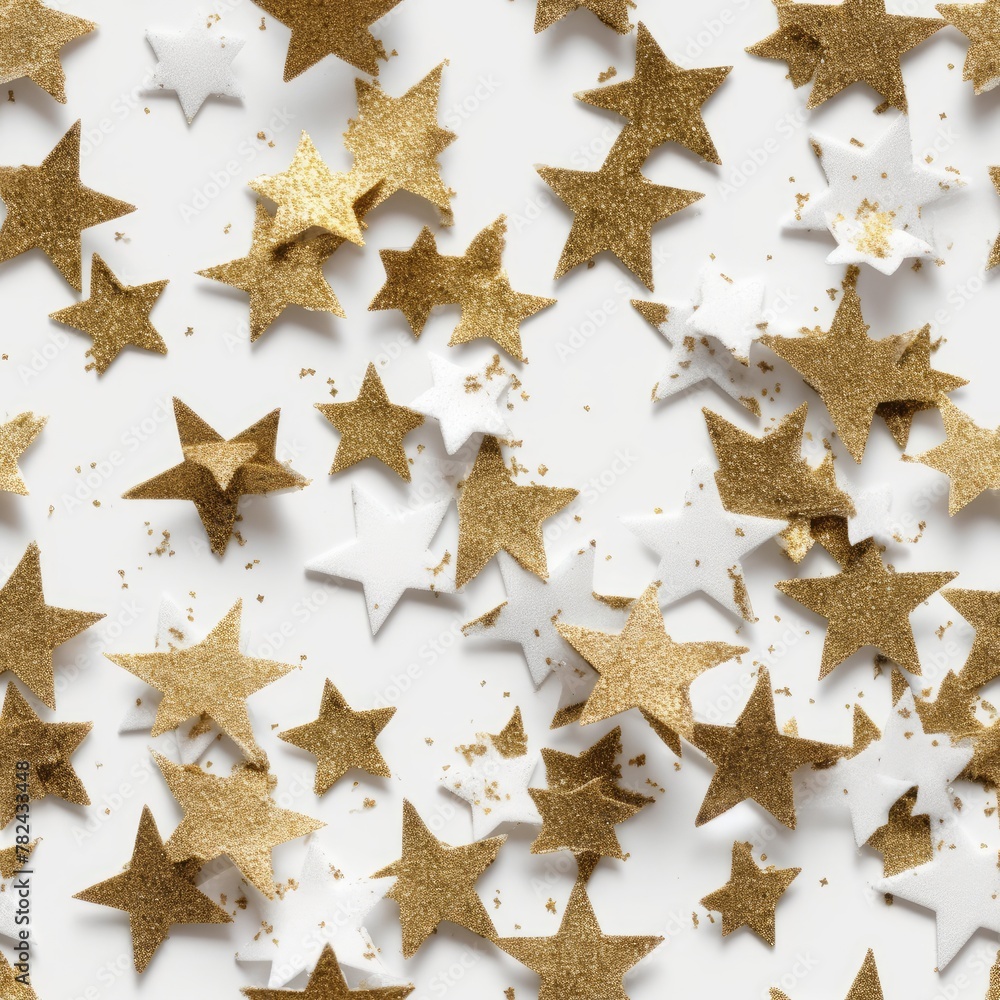 Obraz premium Golden Glitter Stars on White Background - Decoration, Design, Party Generative AI
