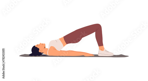 Happy woman training yoga on mat, workout for healthy pelvic muscles. Girl doing Kegel exercise, bridge pose lying on floor, pelvis raised up asana. Vector illustration isolated on white background