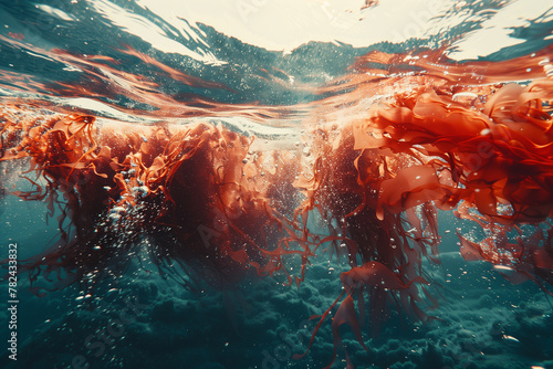 Underwater Dance: Radiant Red Algae Swirling in the Ocean Depths photo