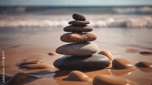 Zen Stones on Pebble Beach for Relaxation and Meditation Generative AI