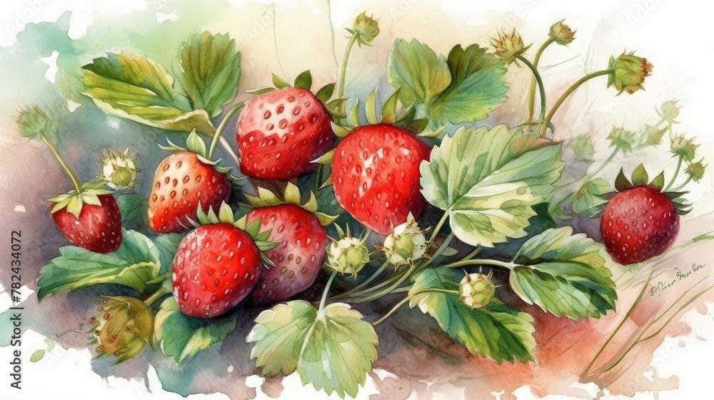 Watercolor Illustration of Sweet Red Strawberries with Leaves Generative AI Watercolor Illustration of Sweet Red Strawberries with Leaves Generative AI