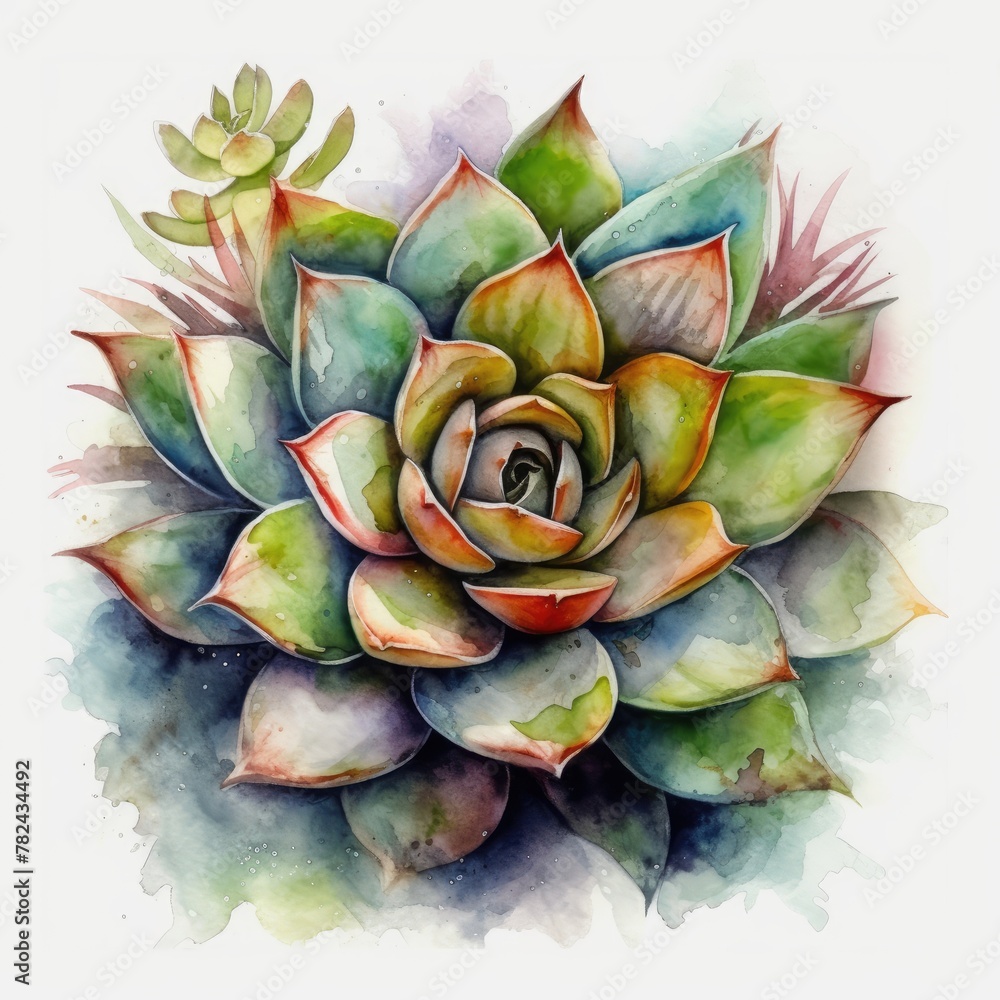 Fototapeta premium Succulent Watercolor Painting on White Background Generative AI