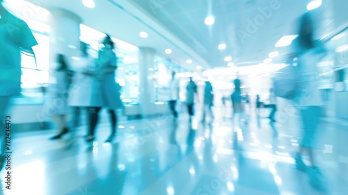 Blurred background of a hospital lobby with people walking around
