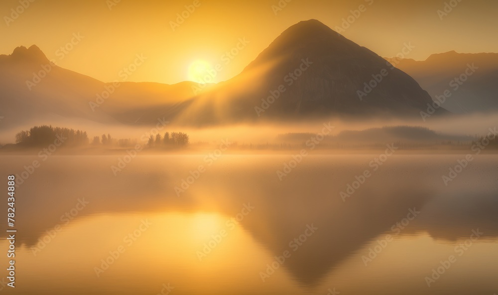Sunrise on Mountain with Foggy in Medicine Lake at Jasper as Soft Ethereal Dreamy Background Generative AI