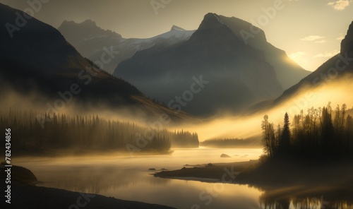 Sunrise on Mountain with Foggy in Medicine Lake at Jasper as Soft Ethereal Dreamy Background Generative AI