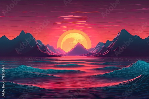 Synthwave Sunset Landscape - Retro Synthwave Color Design Ocean Wave Generative AI