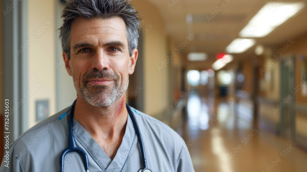 Obraz premium A man in a white lab coat is smiling for the camera. He is a doctor and is standing in a hallway.