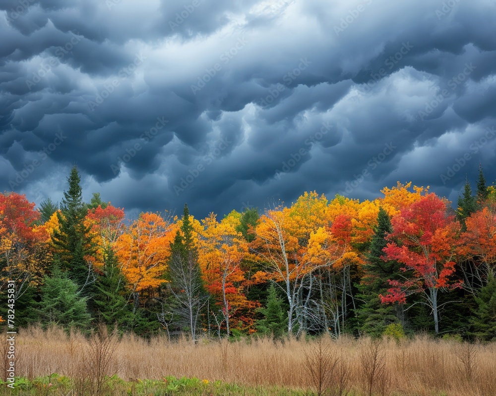 A tranquil autumn forest scene, where vibrant fall colors contrast with the gathering dark storm clouds above, heralding an impending tempest.
