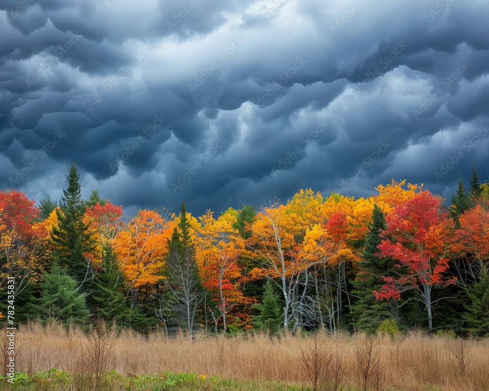 A tranquil autumn forest scene, where vibrant fall colors contrast with the gathering dark storm clouds above, heralding an impending tempest. A tranquil autumn forest scene, where vibrant fall colors contrast with the gathering dark storm clouds above, heralding an impending tempest.