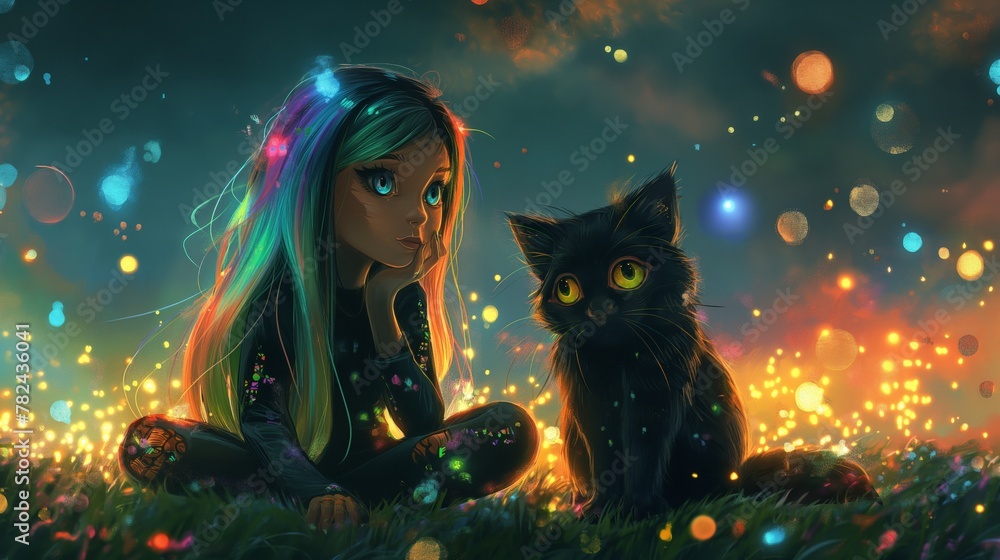 En el suave abrazo del crepúsculo, una niña con cabello arcoíris comparte un momento con un misterioso gato negro. Sus ojos brillantes susurran secretos mientras el mundo a su alrededor centellea. - obrazy, fototapety, plakaty 