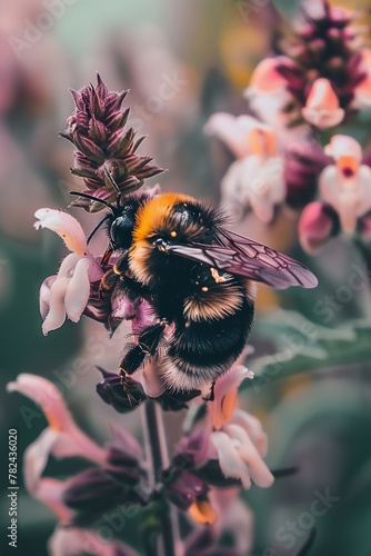 Un abejorro peludo se acomoda entre los pétalos, saboreando diligentemente el néctar, el latido del jardín en miniatura.