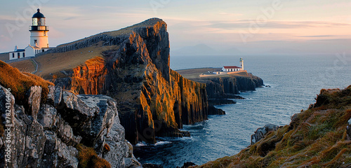 A calm scene at Neist Point, lit softly by dawn, with the famous lighthouse placed on the jagged cliffs overlooking the vast Atlantic Ocean.