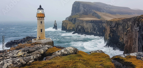 With the famous lighthouse standing tall against the backdrop of steep cliffs and tumultuous waves, Neist Point's rough beauty is depicted in amazing detail, making it a sight to behold for both. photo