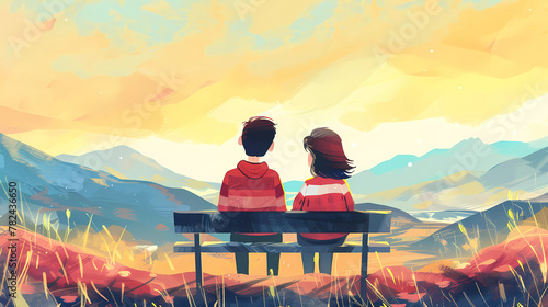 A boy and a girl on a bench against the backdrop of mountains. illustration