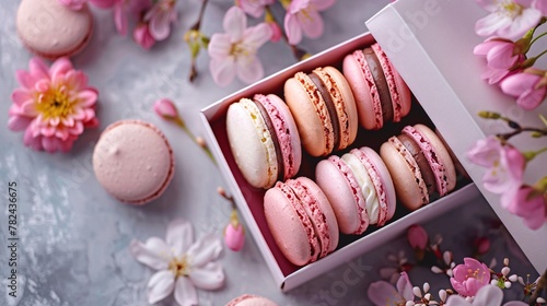 Colorful macarons in a gift box on pink background. Top view. photo