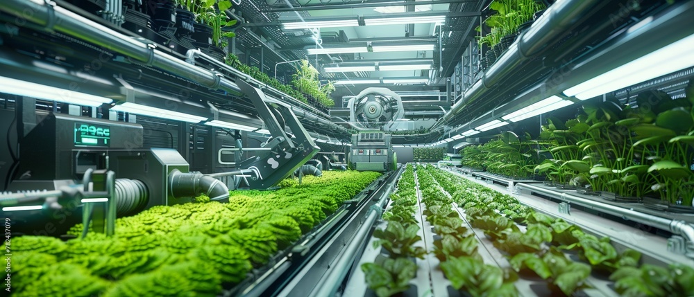 An AI-controlled urban farm, layers of vibrant green crops against the backdrop of sleek, futuristic metallic grey machinery, blending nature with technology. An AI-controlled urban farm, layers of vibrant green crops against the backdrop of sleek, futuristic metallic grey machinery, blending nature with technology.