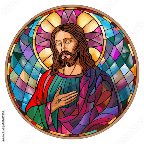 colorful stained glass window of jesus christ, church, vector illustration 