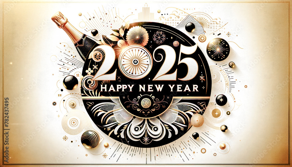 Fototapeta premium New Year Card for the year 2025 with a Beautiful Background Happy New Year is the center of attention The Ambiance is Emphasized by Golden Fireworks Wallpaper Digital Art