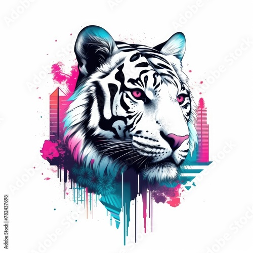 Vaporwave Tiger Illustration on White Background Generative AI