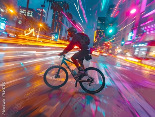 A cyclist speeds through a vibrant cityscape at night, captured in a stunning blur of motion and city lights.