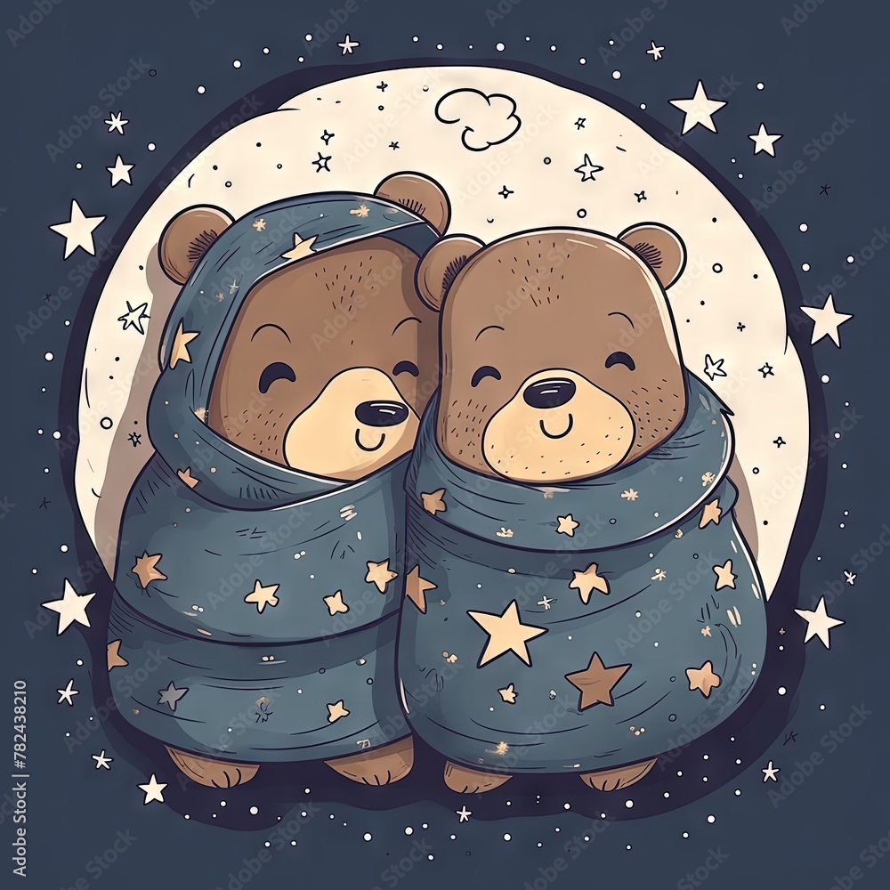 Fotografie Snuggled Bears Cuddling Under Starry Night Blanket Generative AI