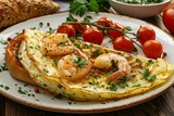  A delectable shrimp omelette garnished with fresh herbs and cherry tomatoes on a white plate, accompanied by bread.