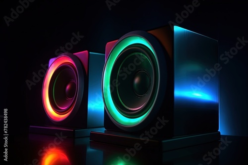 Vibrant Neon Stereo Speakers with Reflections Generative AI