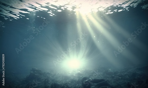Ethereal Underwater Dreamscape: Soft Sun Rays in Ocean Depths Generative AI photo